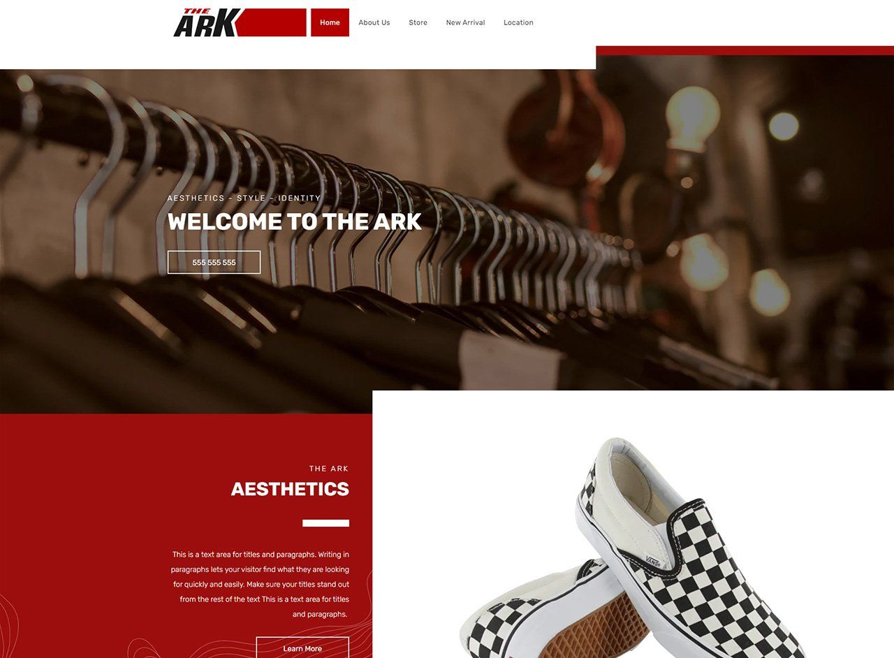 A website with a picture of a pair of shoes on it