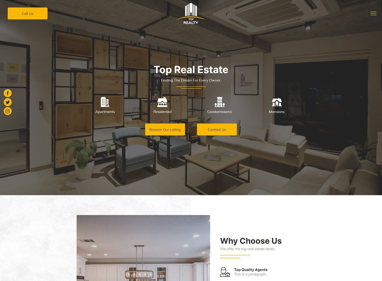 A website for a real estate company shows a living room with a couch and chairs.