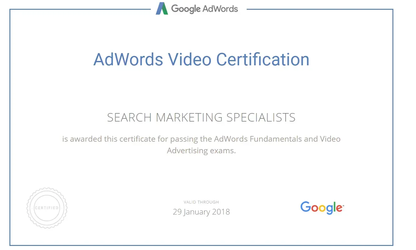 A google adwords video certification certificate for search marketing specialists.
