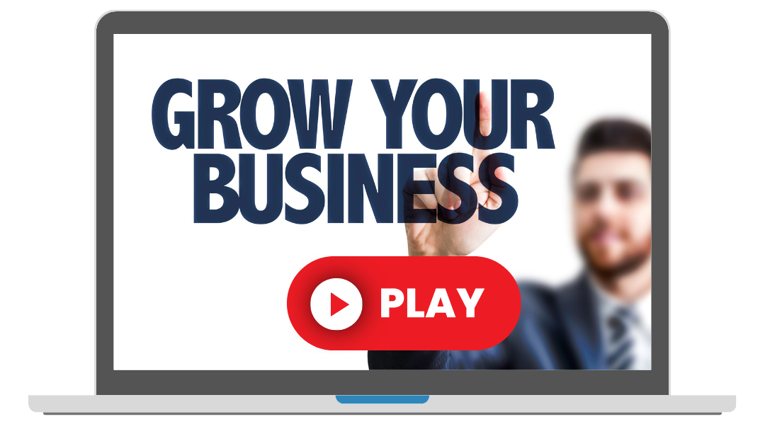 A laptop screen shows a man pointing at a button that says `` grow your business ''.