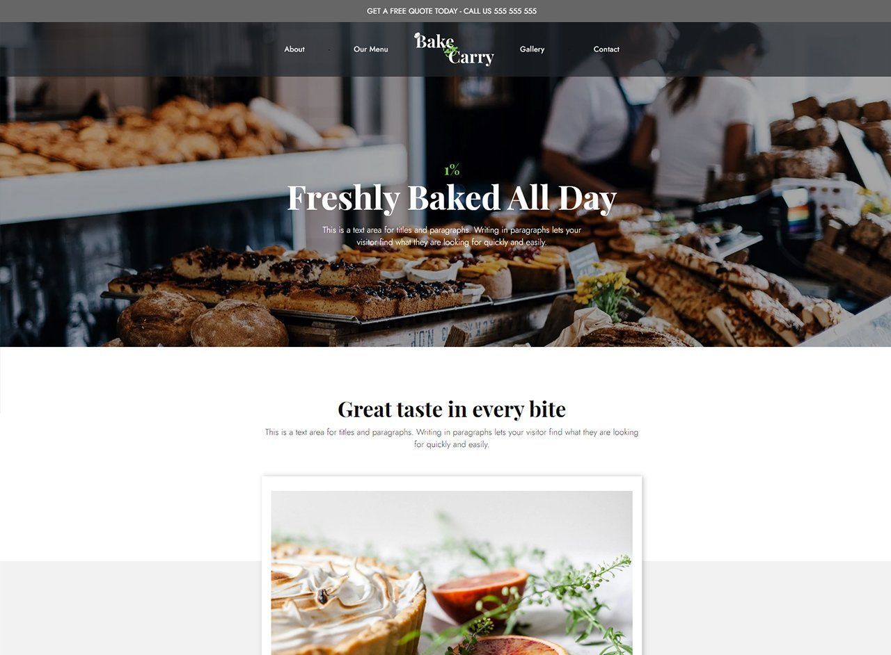 A screenshot of a website for a bakery called freshly baked all day.