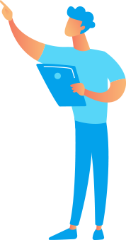A man is holding a clipboard and pointing up.