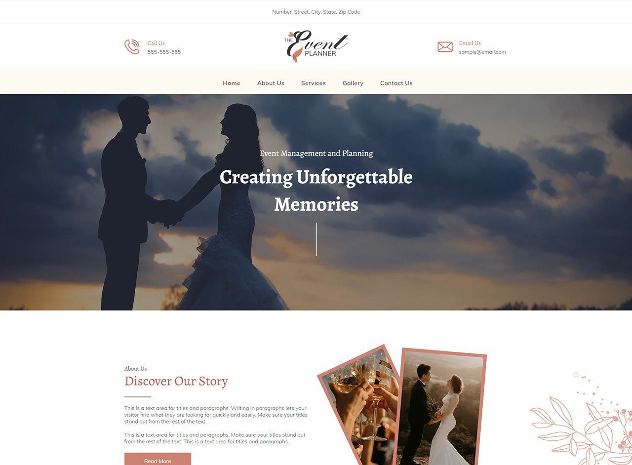 A bride and groom are holding hands on a wedding website.