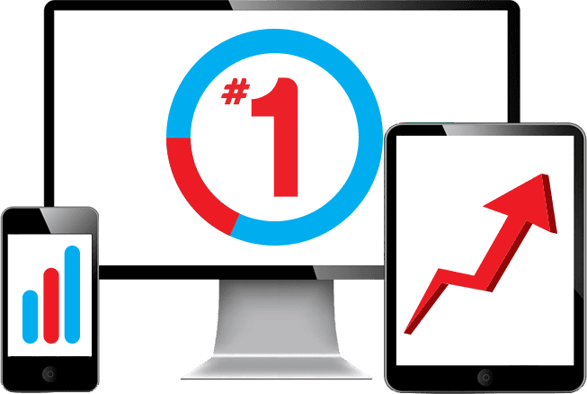 A computer monitor , tablet , and cell phone with a red arrow pointing up.
