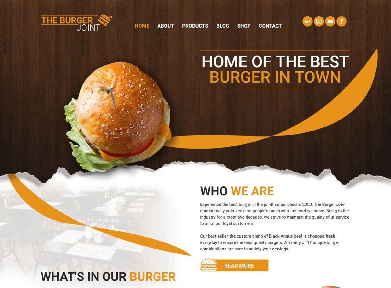 A hamburger on a website that says home of the best burger in town