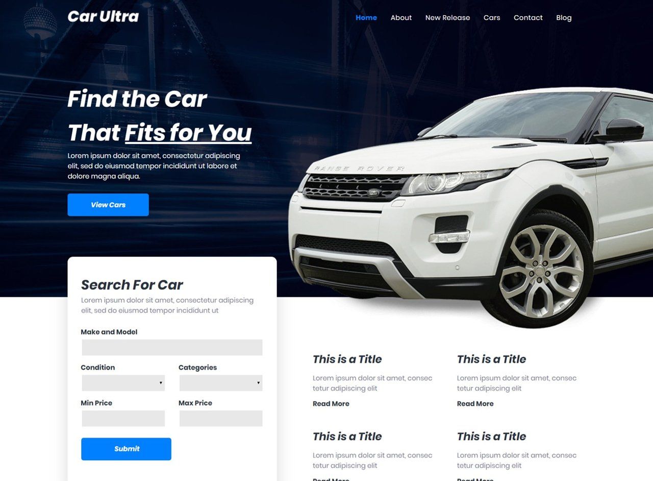 A landing page for a car dealership with a white car on it.