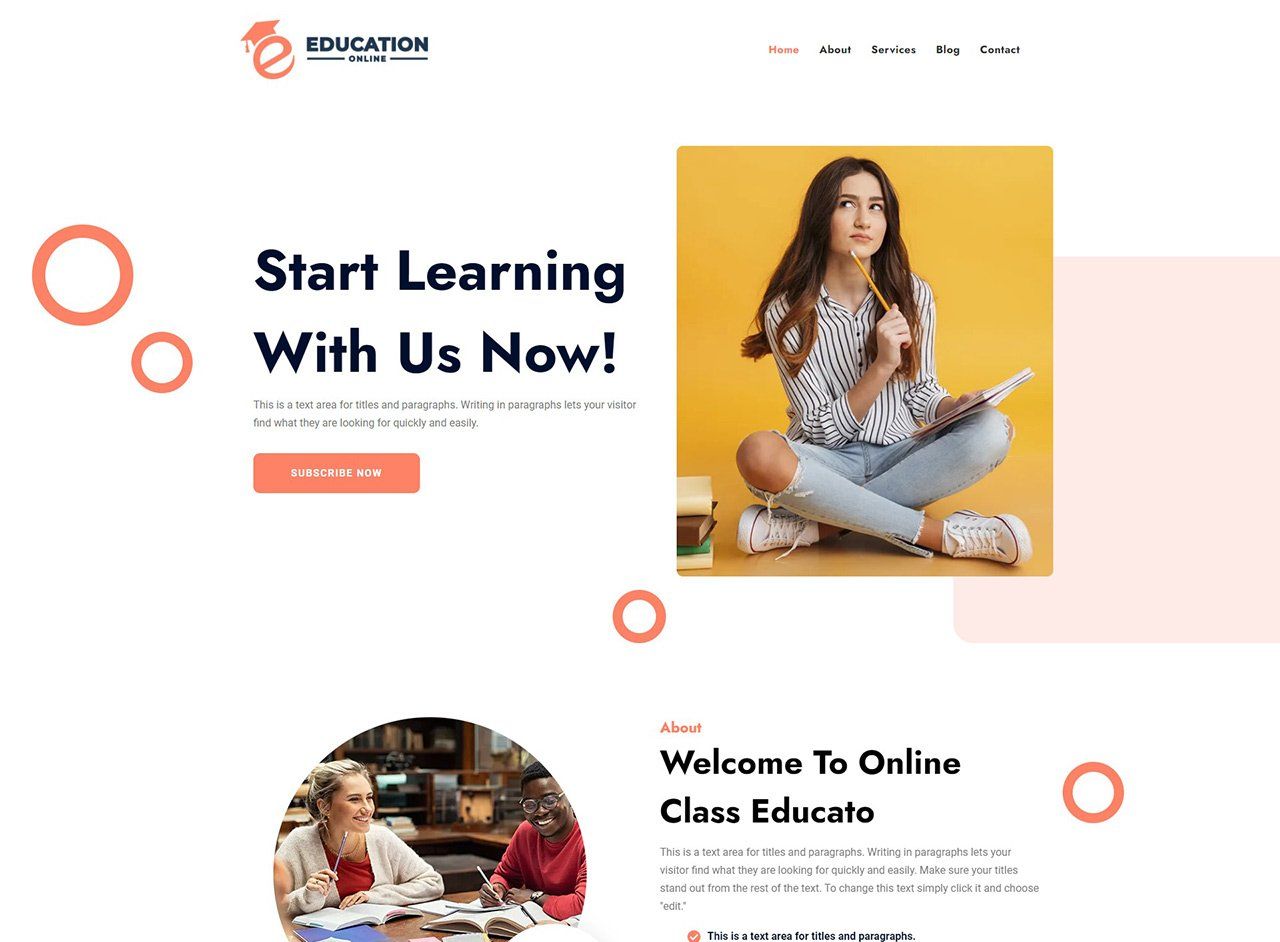 A landing page for a website that says `` start learning with us now ! ''