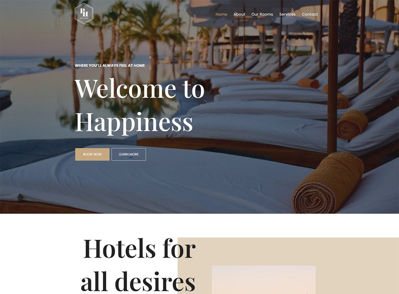 A screenshot of a website that says welcome to happiness hotels for all desires.