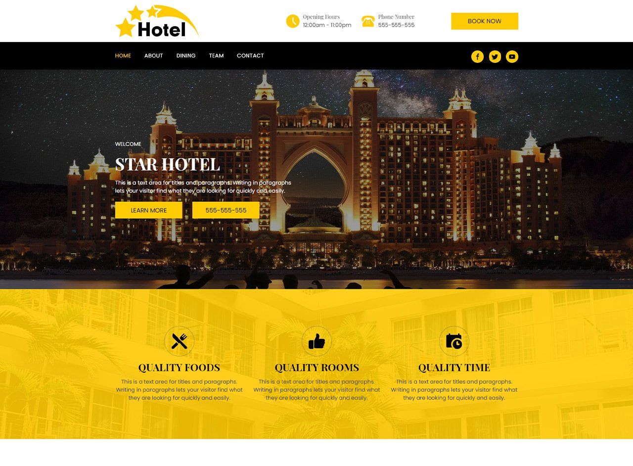 A website for a hotel with a picture of a castle