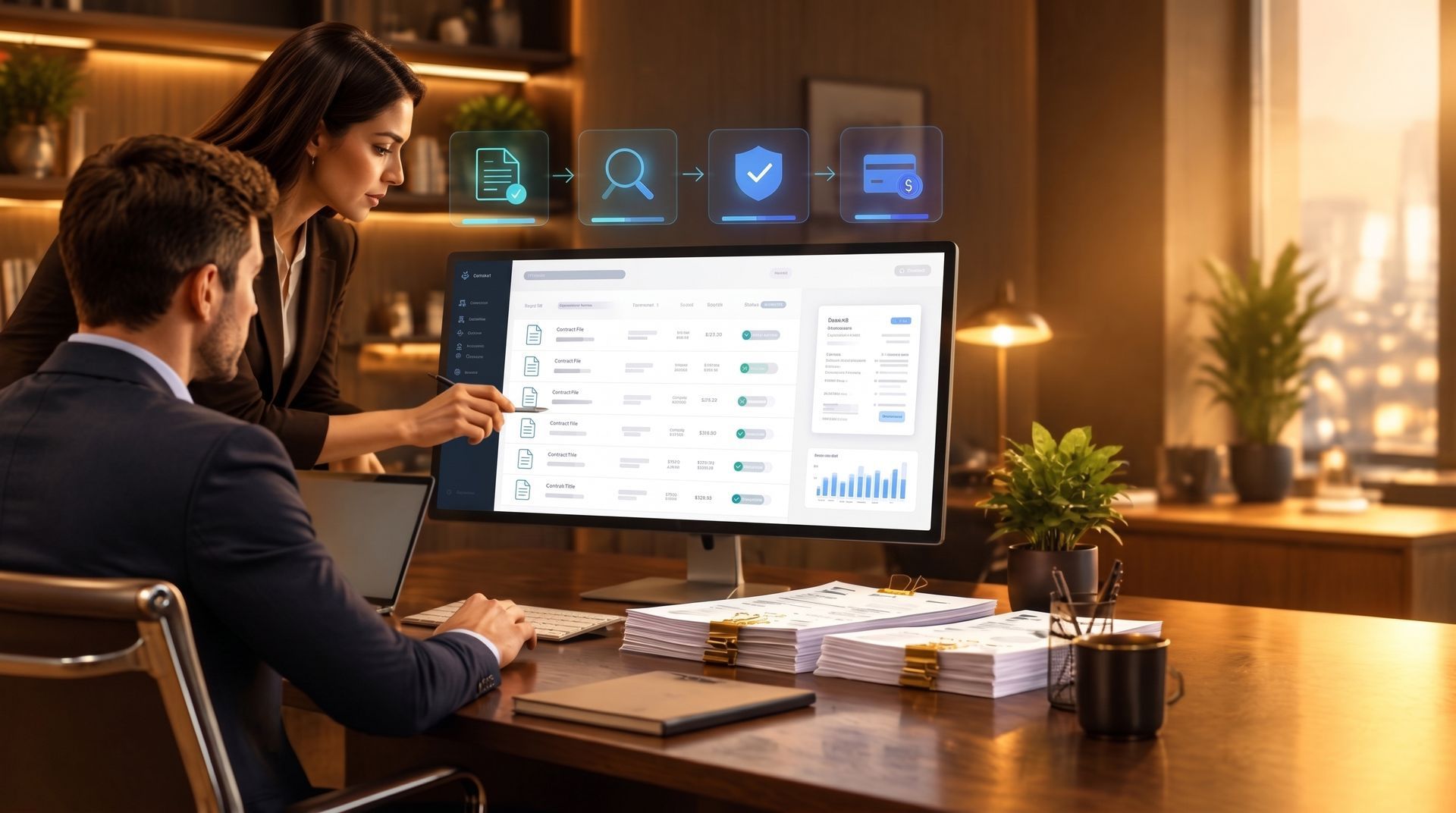 Two coworkers reviewing financial dashboards on a desktop monitor in a warm-lit office