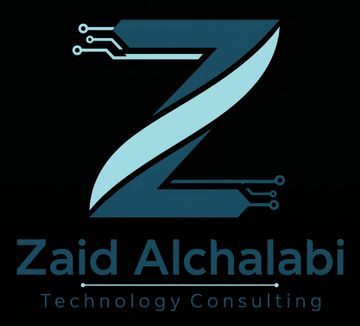 Logo for Zaid Alchalabi Technology Consulting, featuring a stylized blue Z with circuit lines on black background