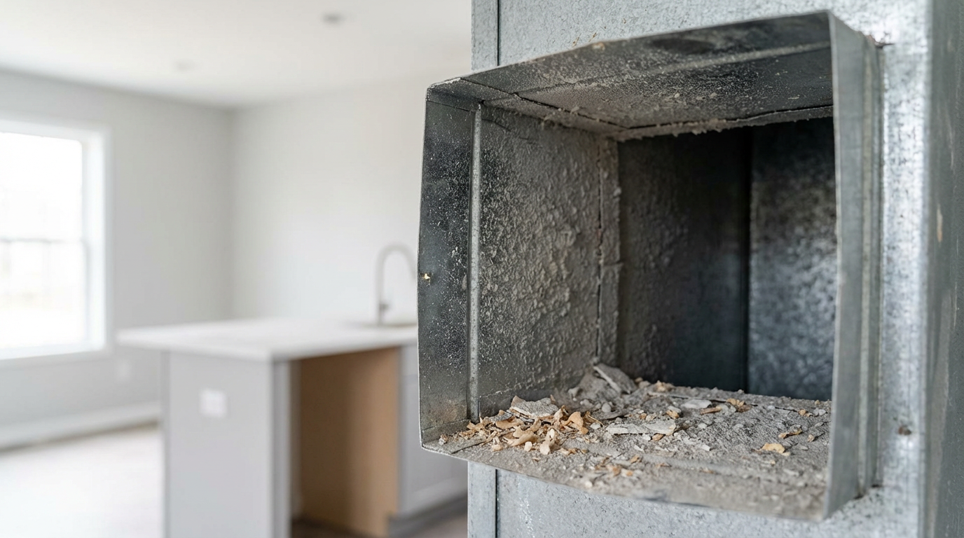 Nettoyage de conduits de ventilation après rénovation avec accumulation de poussière dans un conduit