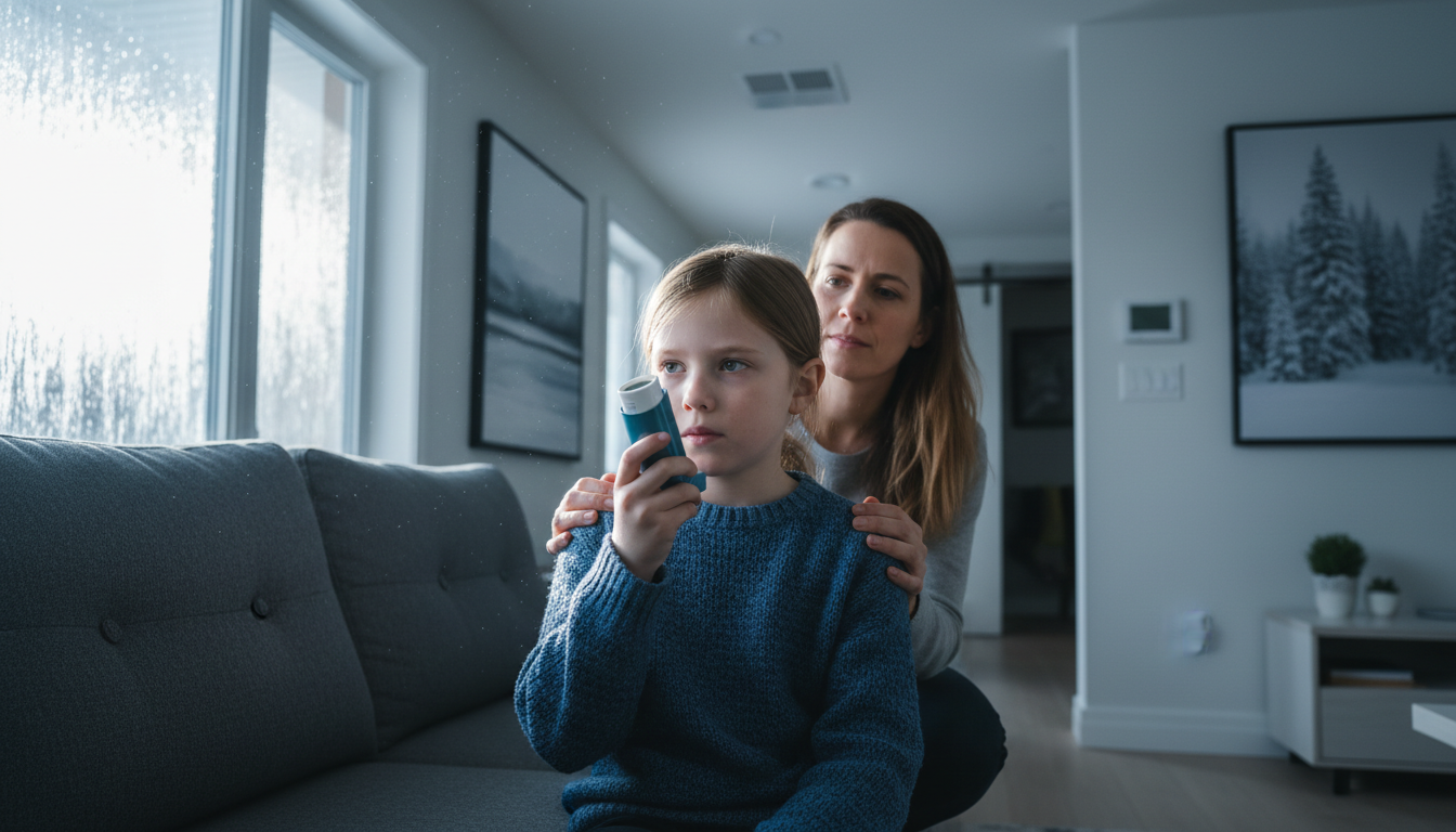 Enfant utilisant un inhalateur à la maison illustrant l’impact de la ventilation sur l’asthme