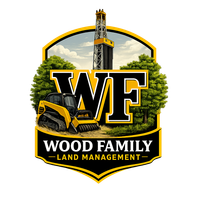 Logo for Wood Family Land Management featuring a drill rig, trees, and a yellow skid steer over a black shield background.