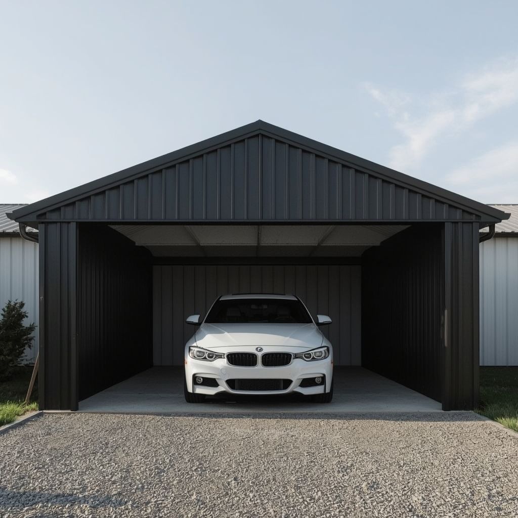 White BMW car parked in a dark gray metal carport, gravel driveway, daytime — Steel Homes Australia in Branyan, QLD