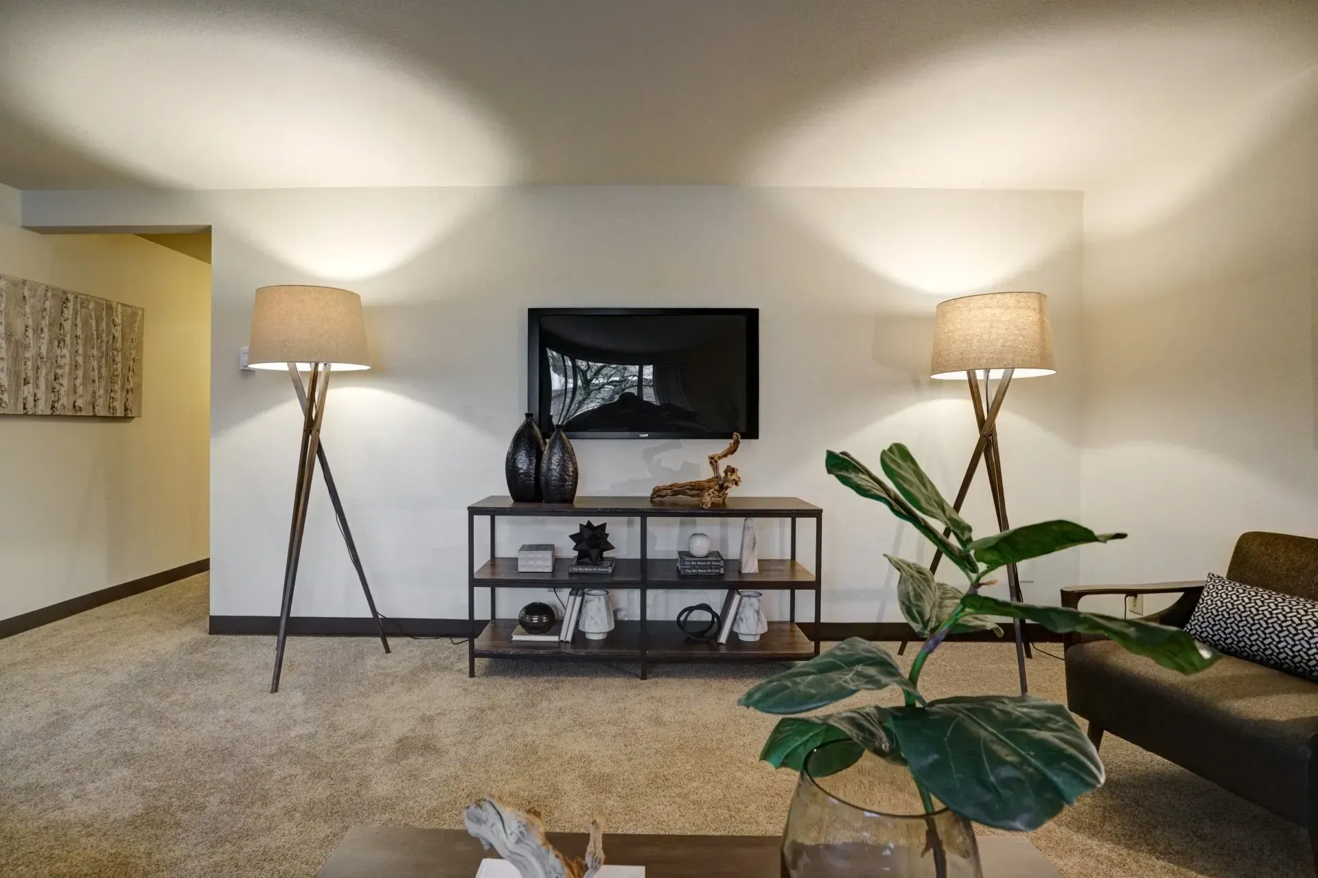 Living room with neutral tones, TV, decorative lamps, and a sofa.