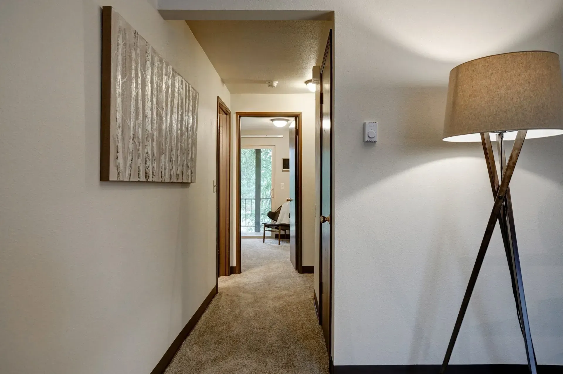 Hallway with beige carpet, a framed artwork, and a floor lamp.