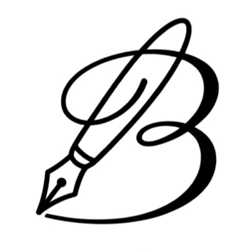 Letra B estilizada en color negro con una punta de pluma estilográfica integrada en el diseño.