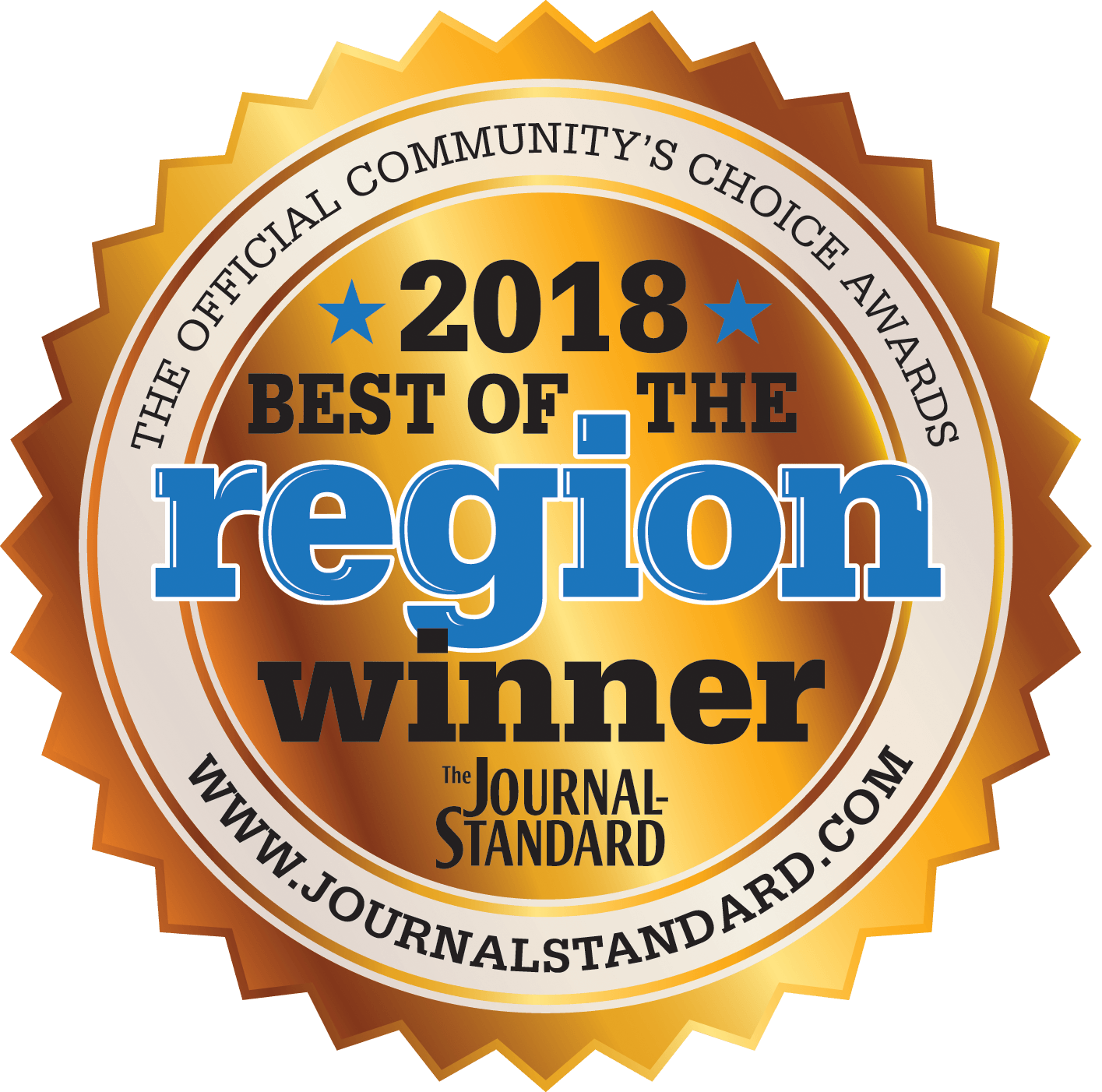 2018 Best of the Region Winner seal with gold and blue text. The Journal Standard logo at the bottom.