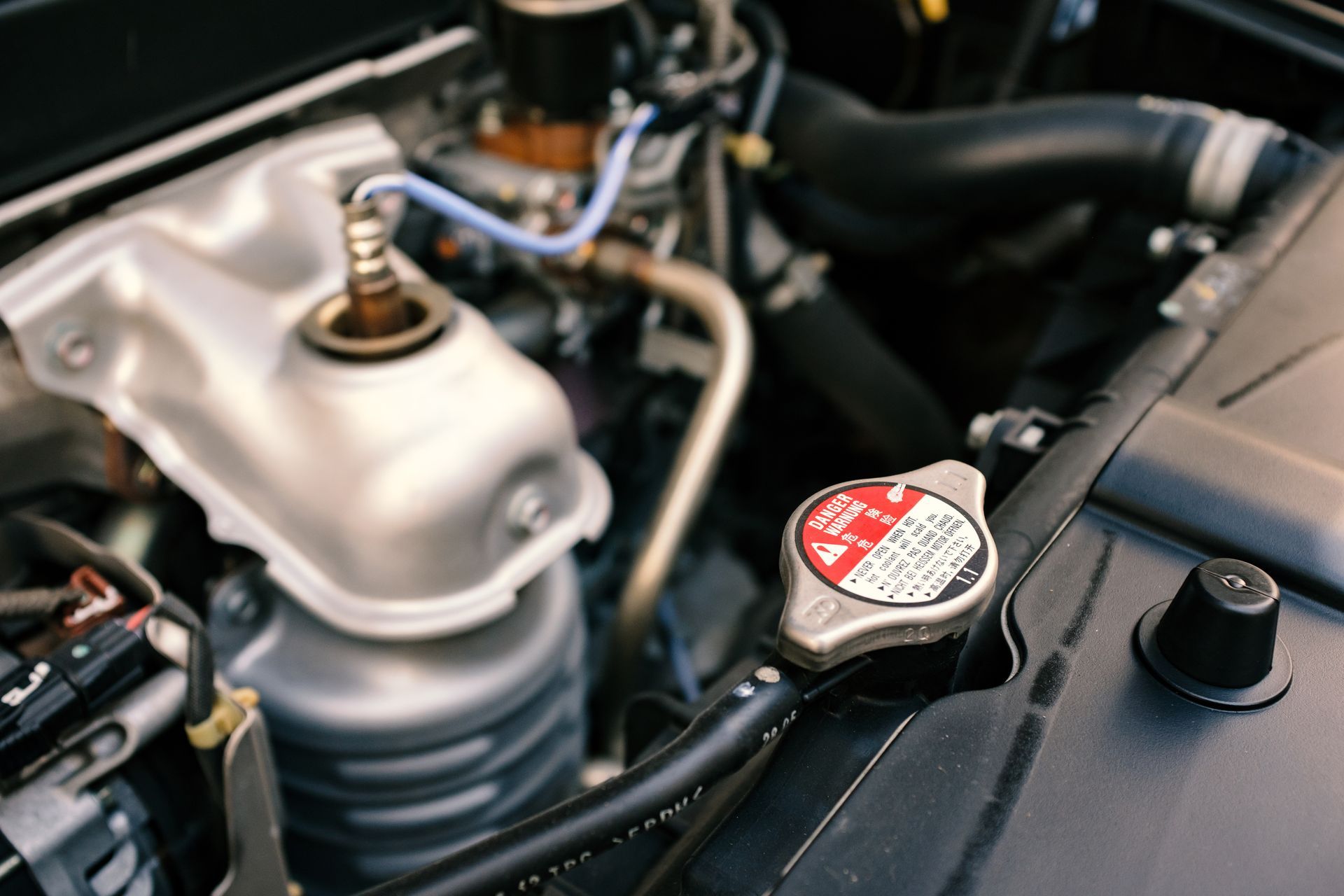 Close-up of a car engine bay with a coolant reservoir and radiator cap in focus