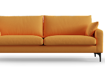 Orange two-seat sofa with black legs on a white background