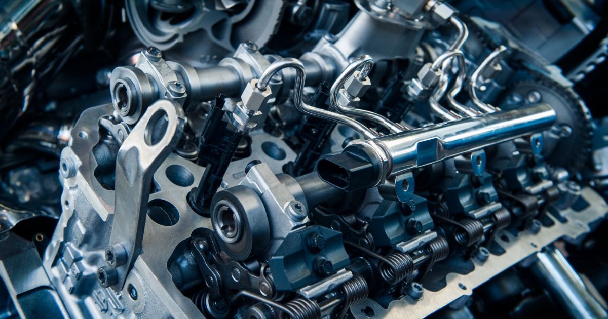 Close-up of a metallic car engine with gears, pipes, and mechanical components in blue-gray tones