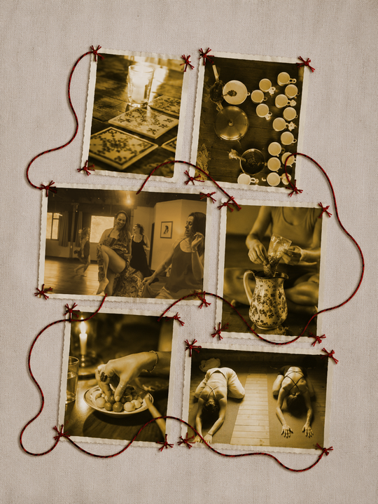 Colagem fotográfica em tons sépia de seis fotos agrupadas, mostrando objetos de artesanato, cacau e uma mesa posta sobre uma parede bege.
