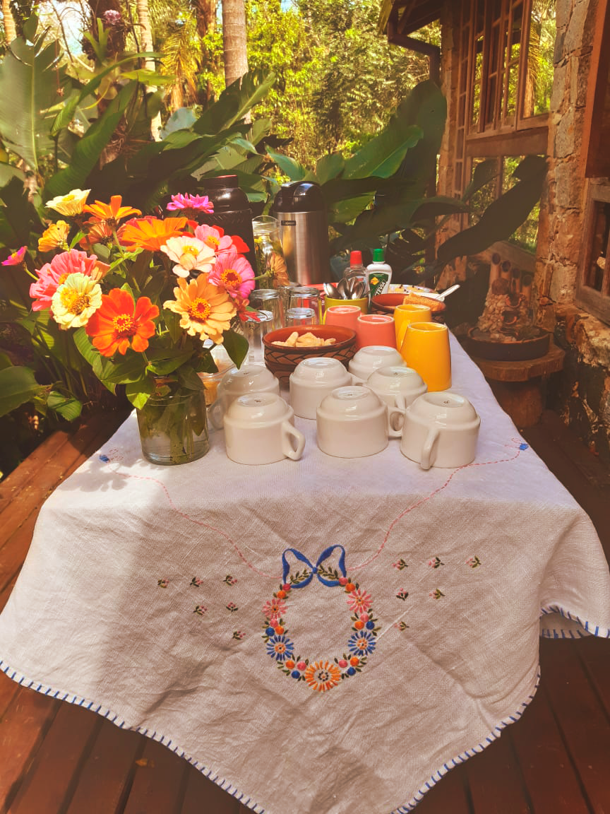 Mesa externa posta com flores, xícaras, suco e uma toalha decorativa em um jardim.