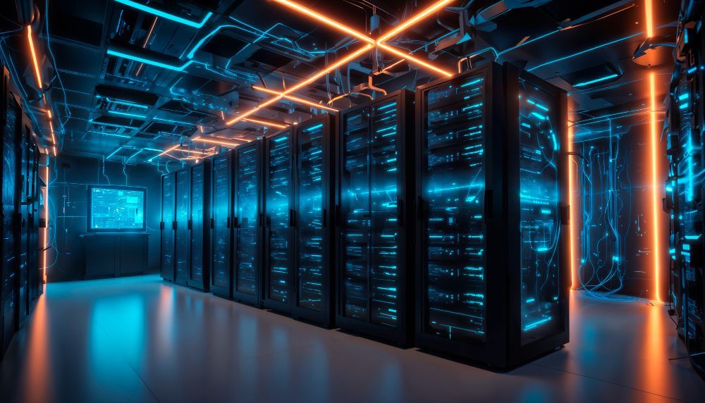 Server room with rows of dark servers, glowing with blue and orange neon lights.