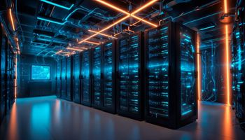 Server room with rows of dark servers, glowing with blue and orange neon lights.