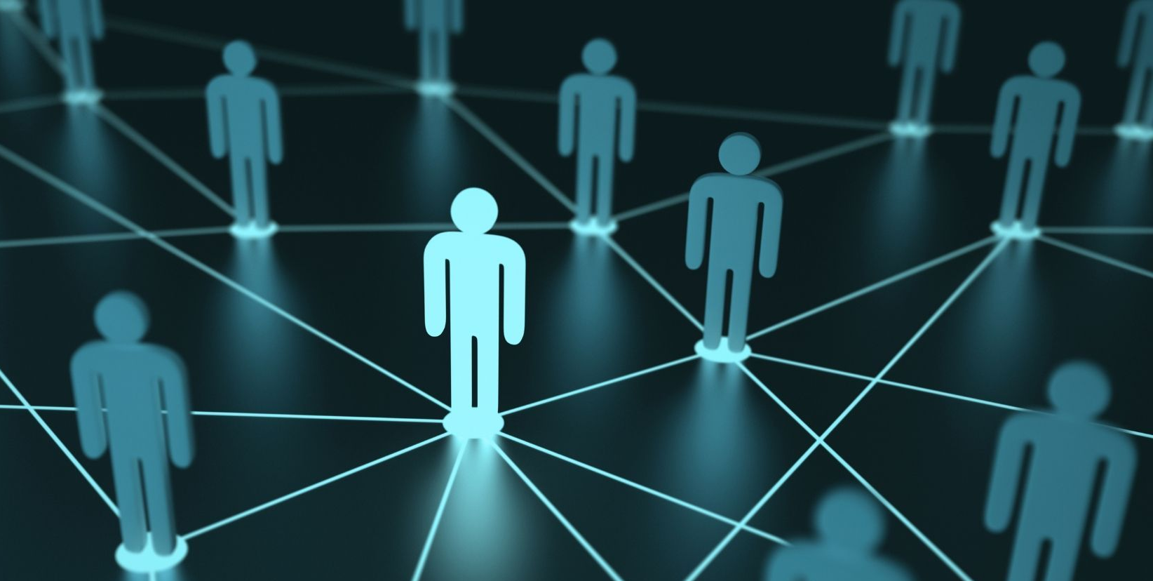 Connected human figures represented by blue silhouettes on a dark background, connected by glowing lines.