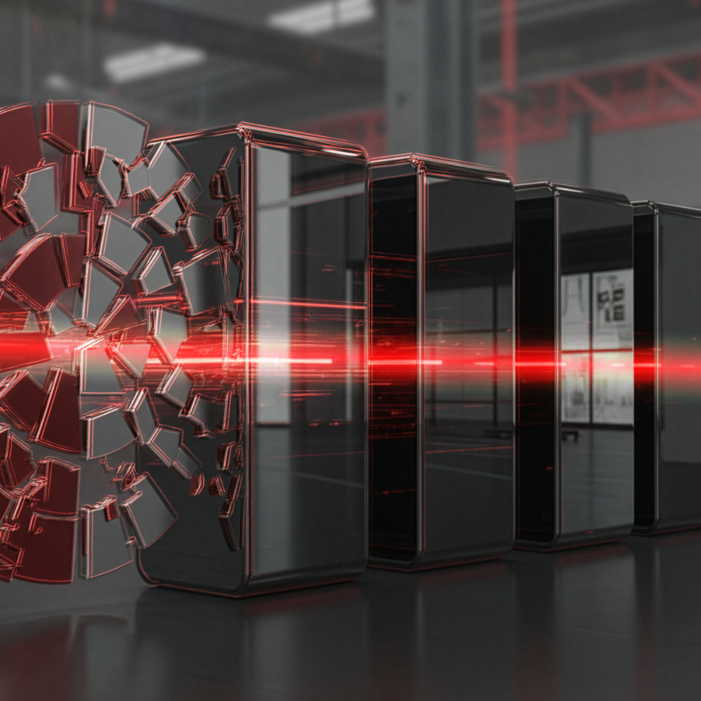 Row of black server units, the first shattered, with a red laser beam running through them.