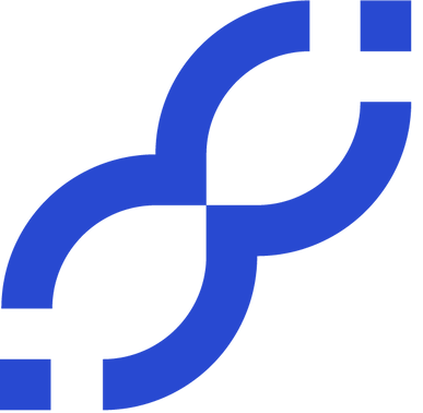 Blue abstract logo of interconnected curved shapes resembling a double helix.