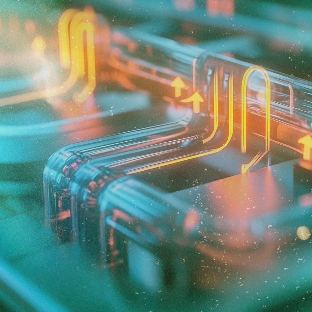 Close-up of a metallic network with glowing orange pathways and arrows, set against a teal background.