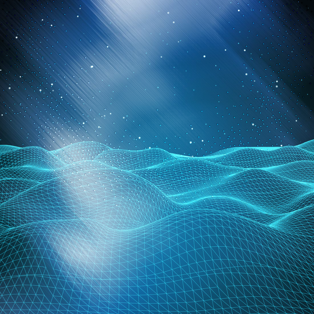 Blue wireframe terrain with starry sky.