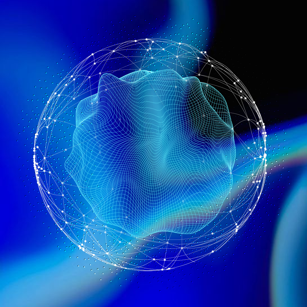 Blue, abstract 3D form inside a sphere of connected dots, set against a blurred blue background with rainbow highlights.