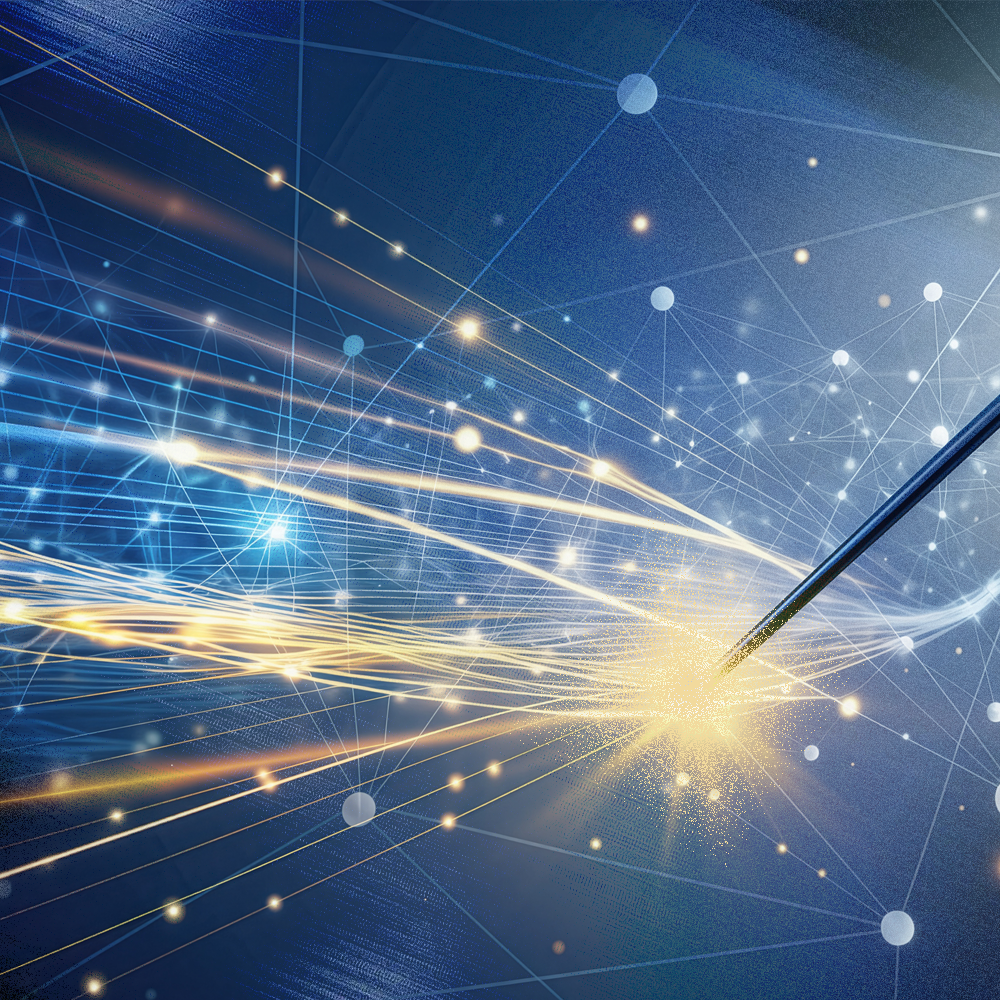 Blue digital network with lines and light; a stylus touches a point of light.