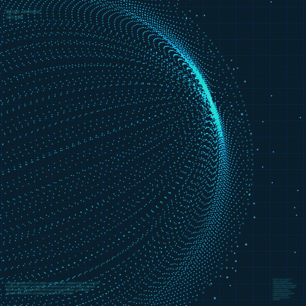 Blue glowing sphere composed of dots, rotating over a dark background.