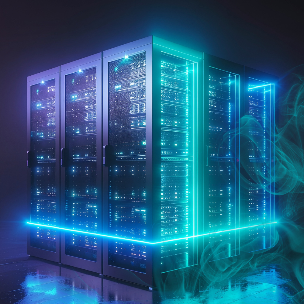 Four server racks glowing with blue and teal lights in a dark room.