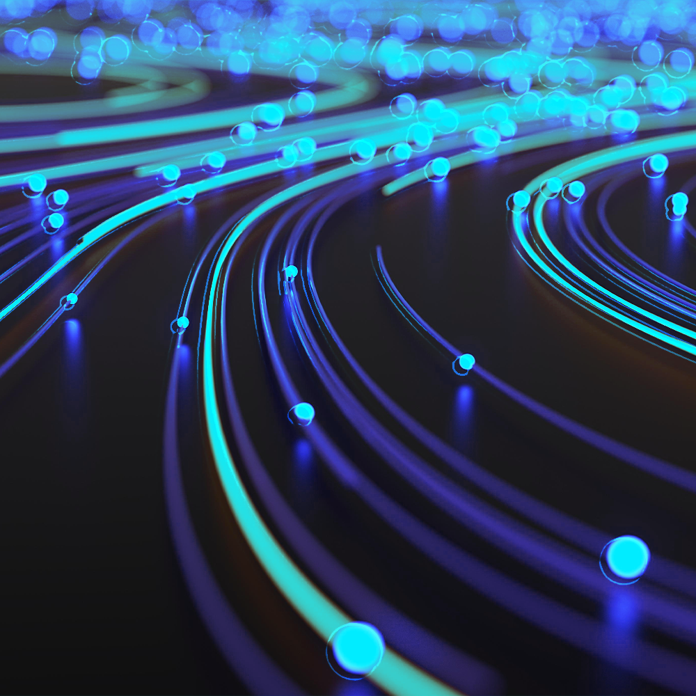 Blue glowing lines and orbs, possibly representing data streams or connections, on a dark surface.