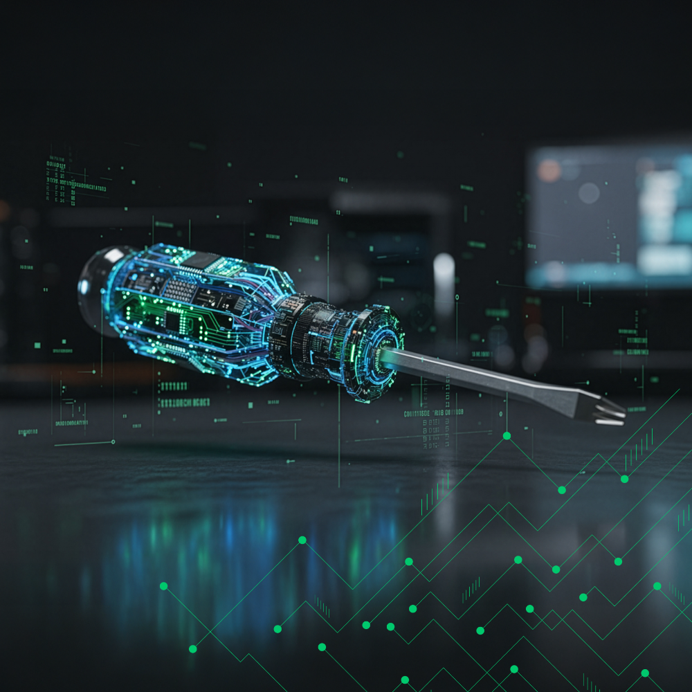 Cybernetic screwdriver with glowing blue and green circuitry, on a tech-themed surface.
