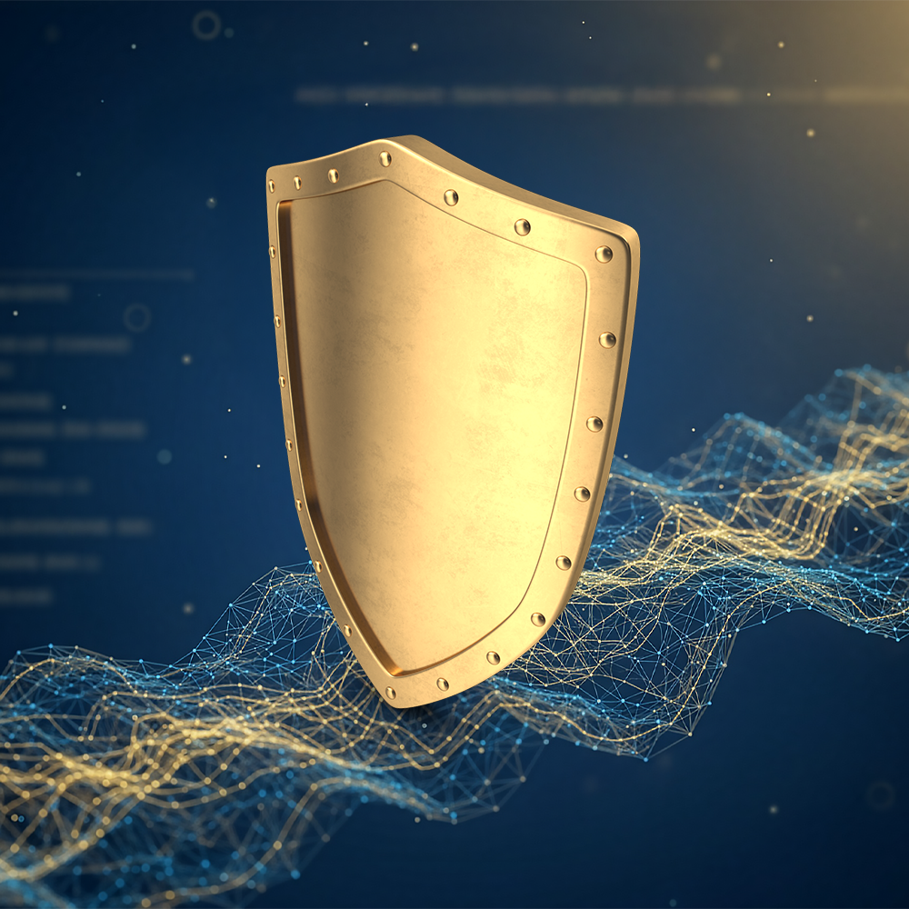 Gold shield on a blue background with digital wave pattern, representing security and protection.