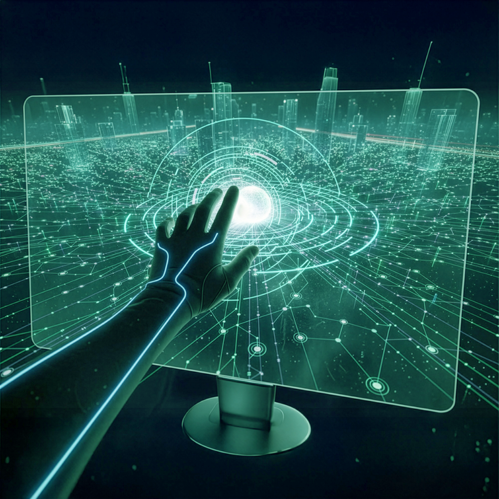A hand touches a futuristic transparent screen, displaying a glowing city and data network.