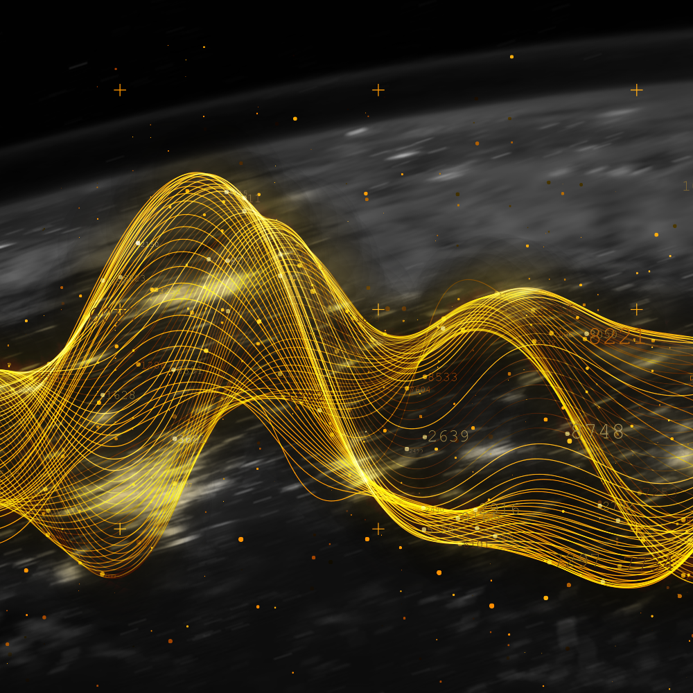 Golden data visualization wave against a dark, cosmic background.