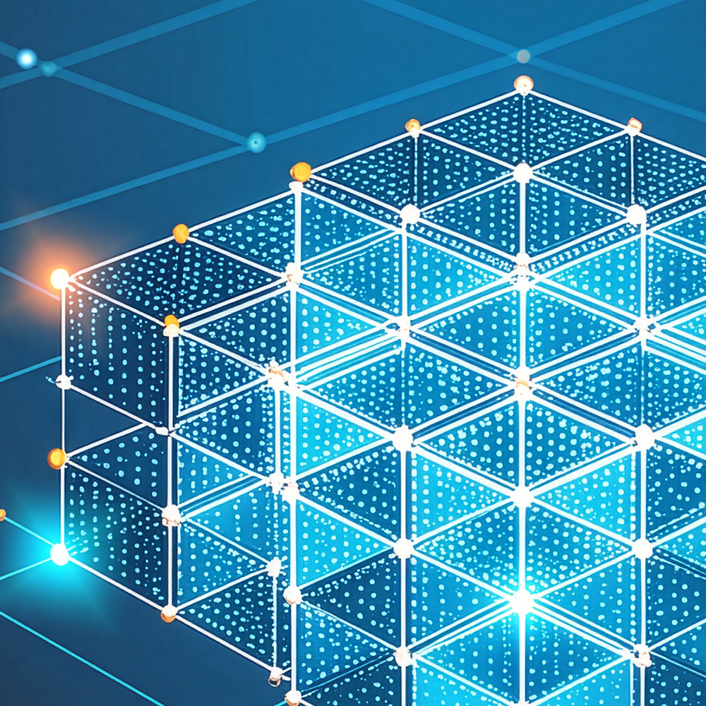 A blue graphic of a connected 3D cube with glowing nodes, representing data or technology.