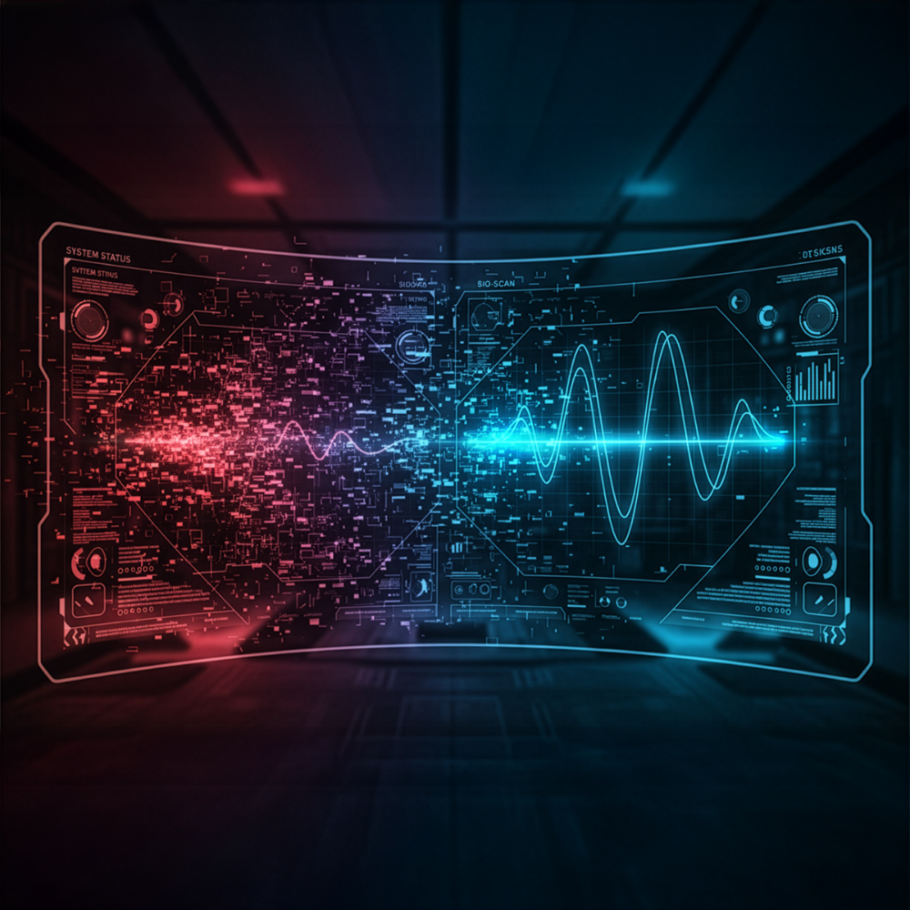 Futuristic holographic display with red and blue data visualizations in a dark room.