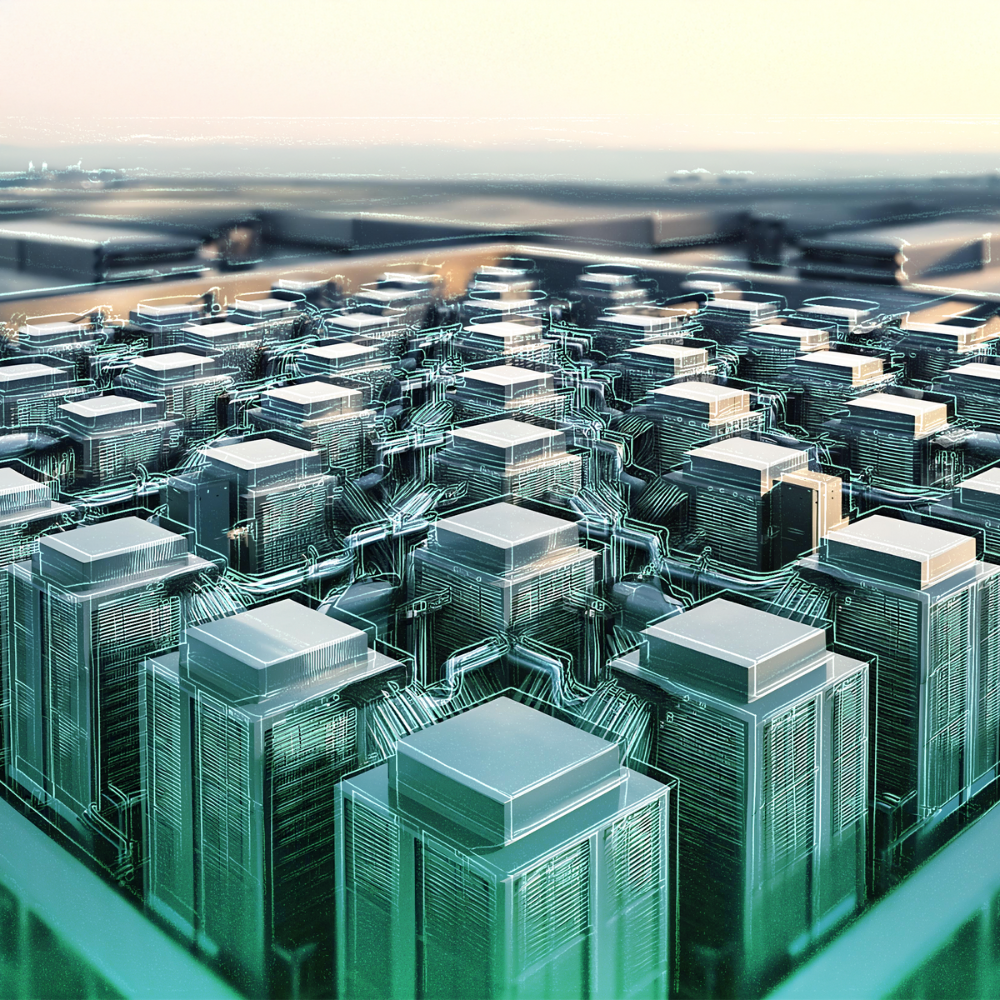 Futuristic city of square buildings, reflective glass, connected by networks. Green and silver tones.