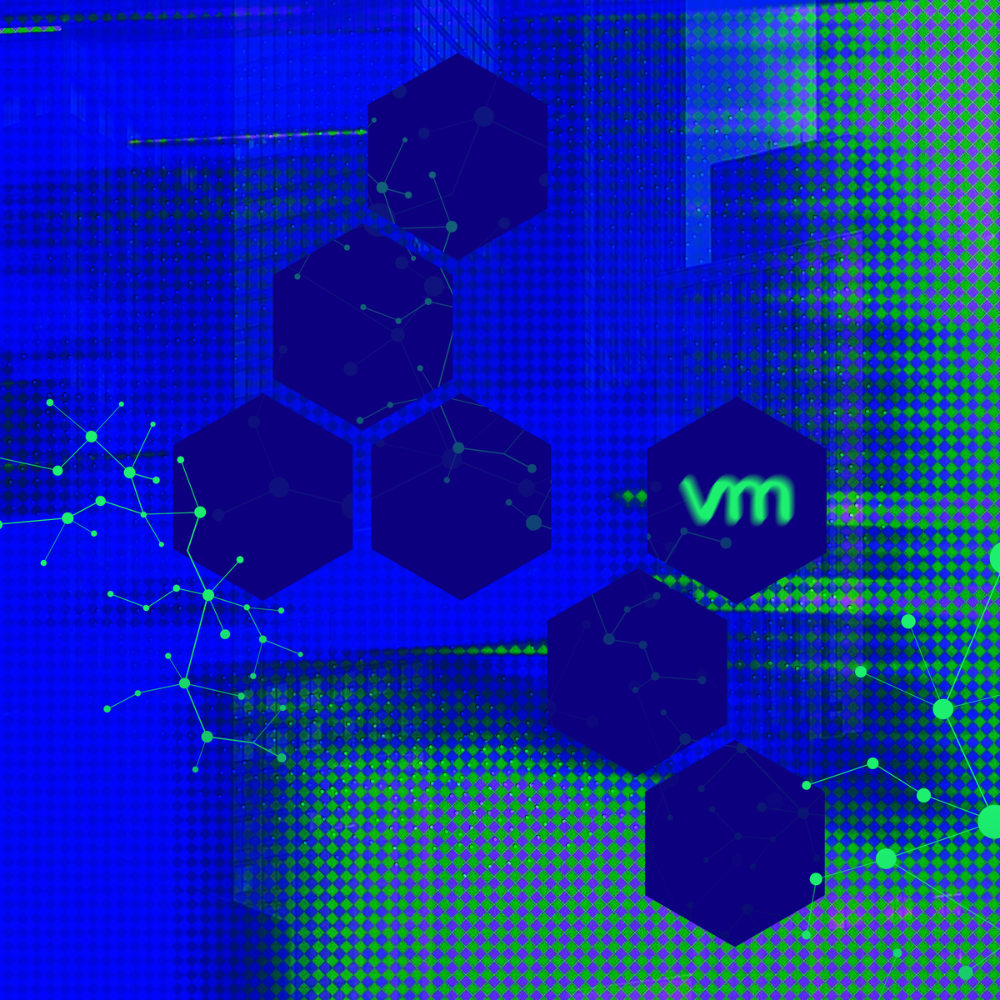 Abstract graphic with dark blue hexagons and a