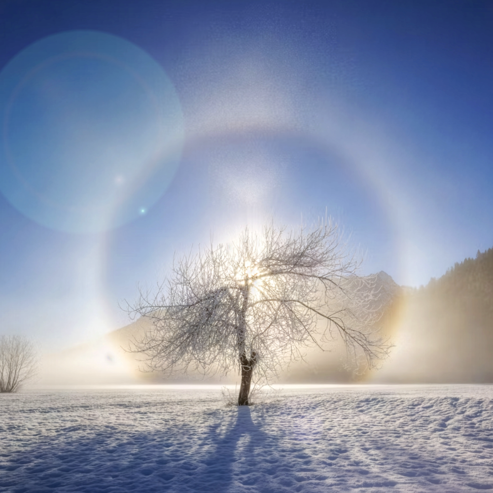 Snowy landscape with a halo around the sun shining behind a bare tree.