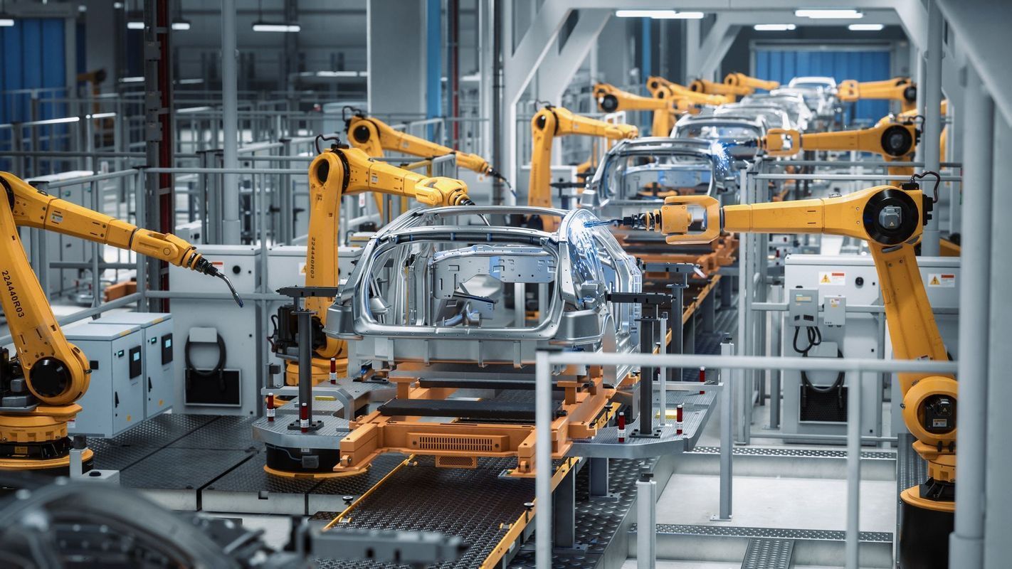Robotic arms welding car frames on an assembly line in a factory.